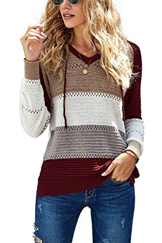 GOLDPKF Kapuzenjacke Damen Farbblock Kapuzenpullover Gestreift Hoodie Entspannt Sweatshirt mit Kapuze Lässiger Hohlpullover Pullover Damen Rotwein XL 48-50 von GOLDPKF