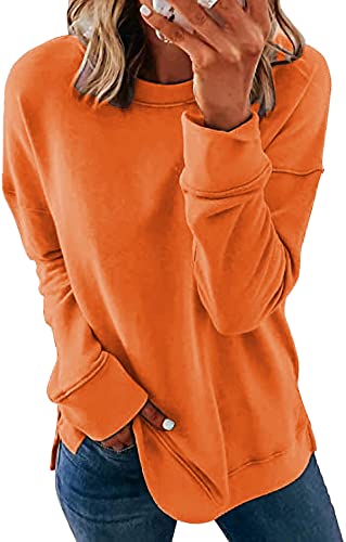 GOLDPKF Langarmshirt Damen Entspannt Sweatshirt Schwarz Mode Einfacher Grundstil Damen Rippshirt Damen Top Mädchen Orange XXL 50-52 von GOLDPKF