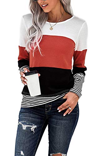 GOLDPKF Oberteile Damen Streetwear für Damen Langarm Shirts & Blusen Damen Rundhals Streifen Tshirt Herbst Patchwork Top Elegant Streetwear Oberteil Oversize Pullover Herbst Sweatshirt Rot M 40-42 von GOLDPKF