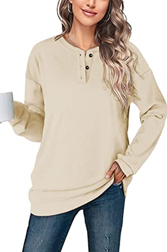 GOLDPKF Pullover Damen 1/4 Knopfleiste Elegant Sweatshirt Damen Langarm V Ausschnitt Einfarbige Winter Oberteile Ohne Kapuze Beige von GOLDPKF