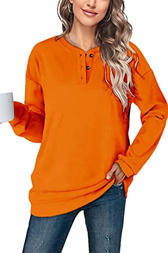 GOLDPKF Pullover Damen 1/4 Knopfleiste Sweatshirt Ohne Kapuze Damen Langarm Sport Einfarbige Winter Oberteile Crewneck Sweatshirt Orange von GOLDPKF