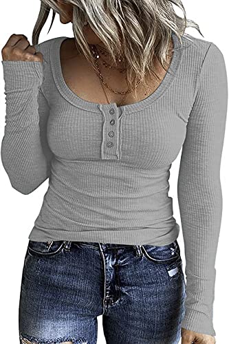 GOLDPKF Pullover Damen Basic Langarmshirt Damen Geripptes Tshirt Mit Knopfleiste Strickpullover Damen Sexy Elegant U Ausschnitt Oberteile Damen Grau Groß von GOLDPKF