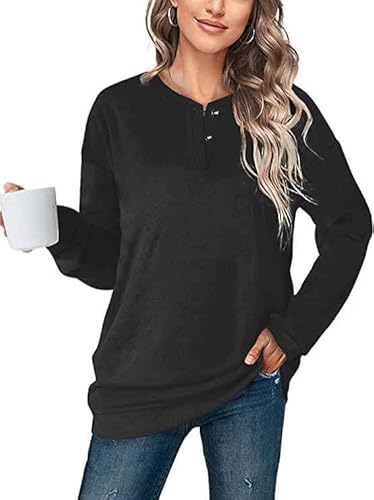 GOLDPKF Pullover Damen Elegant Sweatshirt Damen Langarm Rundhalsausschnitt Einfarbige Sweatshirts 1/4 Knopfleiste MäDchen Oberteile Ohne Kapuze Schwarz von GOLDPKF