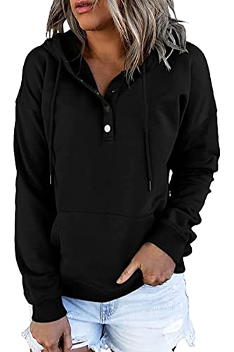 GOLDPKF Pullover Damen Kapuzenpullover Hoodie Langarm V-Ausschnitt Pullover Knopfleiste Sweatshirt Mit Kapuze Kordelzug Oberteil Schwarz L von GOLDPKF