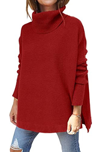 GOLDPKF Pullover Damen Rollkragenpullover Strickpullover Damen Dicke Pullover Damen Elegant Winter Oversize Warm Langarm Basic Einfarbig Tops Rot XXL von GOLDPKF