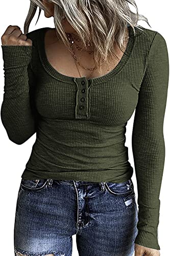 GOLDPKF Pullover Damen Tshirt Shirt Langarm Damen Geripptes Langarmshirt Strickpullover Damen Oberteile Elegant U Ausschnitt Knopfleiste Top Grün Klein von GOLDPKF