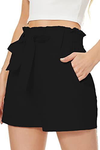 GOLDPKF Kurze Hose Damen Shorts Paperbag Sommerkleid Damen Shorts Gestreift Damen Leinen Kawaii Hose Mit Gummizug Damen Schwarz Large 42 von GOLDPKF