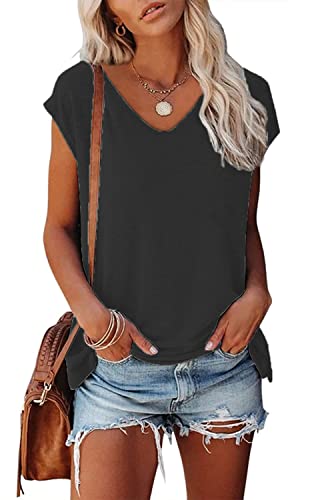 GOLDPKF Sommerkleid Damen Tshirt Basic v Ausschnitt fledermausärmel einfarbige Bluse Damen Kurzarm Oberteile Sommer Freizeitkleid Damen Schwarz Mittel von GOLDPKF