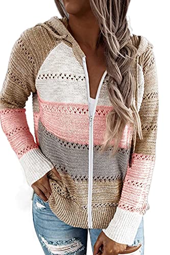 GOLDPKF Strickmantel Lang Damen Strickjacke Mit Kapuze Damen Langarmshirt Damen Hoodies Hohler Pullover Gestreift Farbanpassung Sweatshirt Hoodie Hellrosa S 36-38 von GOLDPKF