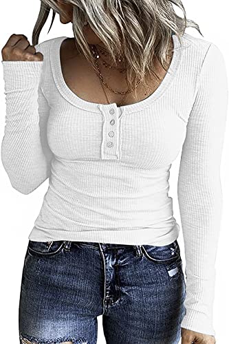 GOLDPKF Strickpullover Damen Longshirt Pullover Damen Basic Tshirt Longshirt Knopfleiste Damen Shirt Langarm Lässig Oberteil Tops Weiß Groß von GOLDPKF