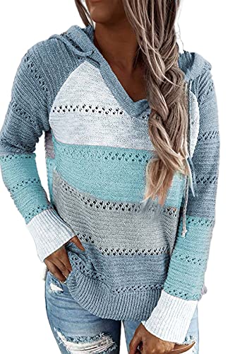 GOLDPKF Sweatjacke Damen Fleecejacke Damen Pulli Damen Farbblock Kapuzenpullover Gestreift Hoodie Entspannt Sweatshirt mit Kapuze Lässiger Hohlpullover Blau XXL 50-52 von GOLDPKF