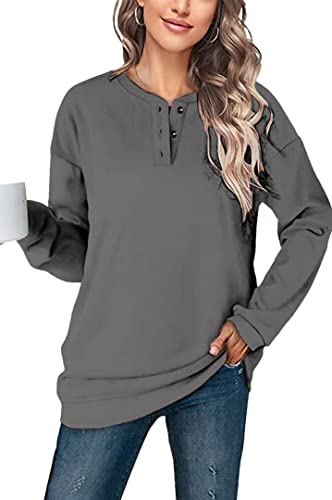 GOLDPKF Sweatshirt Basic Damen Pullover Damen Loungewear Langarm Elegant Rundhalsausschnitt KnöPfe Oberteil Damen Sweatshirt Damen Ohne Kapuze Grau von GOLDPKF