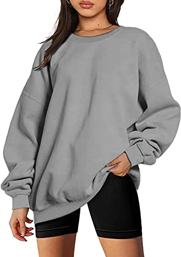 GOLDPKF Sweatshirt Damen Pullover Elegant Kleidung Sweatshirt Oversized Ohne Kapuze Einfarbig Herbst Thermo Langarmshirt Damen Rundhalsausschnitt Festliche Oberteile Grau Klein von GOLDPKF