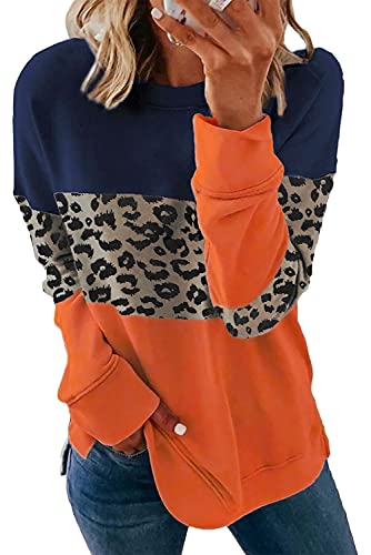 GOLDPKF Sweatshirts Für Damen Damen Farbblock Gestreift Beiläufig Leopardenmuster Rundhals Sweatshirt Orange & Leopardenmuster XL-48-50 von GOLDPKF