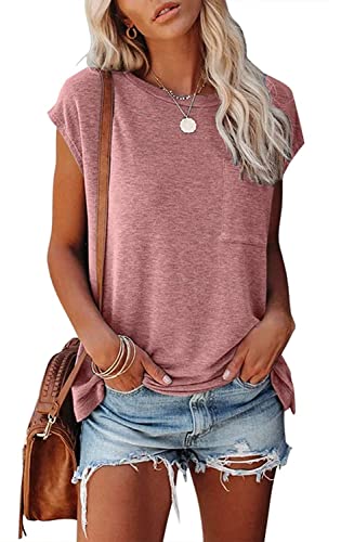 GOLDPKF Damen Tshirt Flügelärmel Tops Kurzarm Sommer Pullover Kurzarm Rosa Large von GOLDPKF