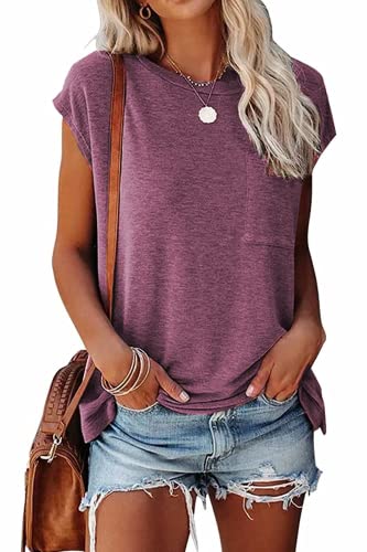 GOLDPKF T-Shirt Damen Einfache Mode Damen einfarbig Kurze Ärmel Violett Medium von GOLDPKF