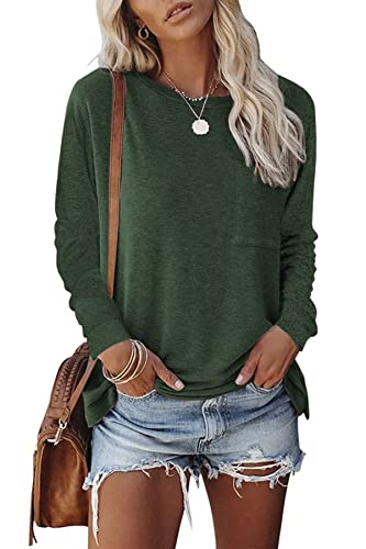 GOLDPKF T-Shirt Damen Einfarbig Rundhals Longsleeve Bekleidung Beliebten Pullover Basic Tshirt Grün L 44-46 von GOLDPKF