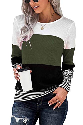 GOLDPKF Langarm Top Damen Oberteil Olivgrün Langarmshirt Damen Langarm Tshirt Bekleidung Gestreift Herbstmode Lockeres Kostüm Atmungsaktiv Tunika Baumwolle Grün L 44-46 von GOLDPKF