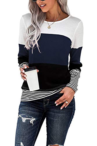 GOLDPKF Tshirt Damen Langarm Shirts Langarm Weich Dehnbar Tops Rundhals Sweatshirts Elegant Waffelart Bekleidung Frauen Lightweight Party Blau Marine M 40-42 von GOLDPKF