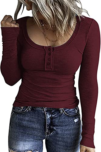 GOLDPKF Tshirt Damen Pullover Shirt Langarm Oberteil Damen Elegant Langarmshirt Tshirt Damen T-Shirts Rippshirt Damen Langarm Pullover Damen Tops Weinrot Klein von GOLDPKF