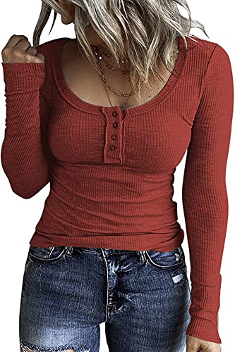 GOLDPKF Tshirt Damen Pullover Shirt Langarm Stretch Oberteil Damen Elegant Langarmshirt Tshirt Damen T-Shirts Rippshirt Pullover Damen Tops Rot Klein von GOLDPKF