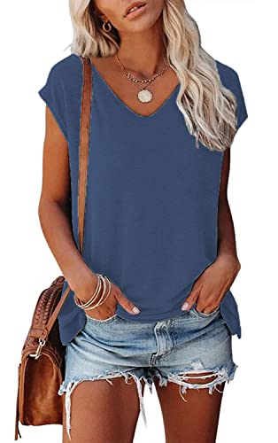 GOLDPKF Tshirt Damen Pullover v Ausschnitt Kurze ärmel Tops fledermausärmel lässig Sommerkleid Damen t Shirt Damen Sport t-Shirt Split saum Basic Tshirt Marineblau XX-Large von GOLDPKF