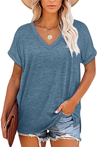 GOLDPKF Tshirt Damen v Ausschnitt Kurze ärmel Tshirt lässig Sommerkleid Damen t-Shirt Damen Pullover Sport Bluse Split saum Basic Tshirt Tops blau Groß L von GOLDPKF