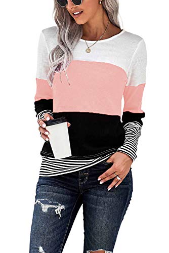 GOLDPKF Tshirt Langarm Damen Gestreift Longsleeve Pullover Herbst Mehrfarbig Schick T Shirt Oberteile Modern Hausanzug Winter Langarmshirt Rosa S 36-38 von GOLDPKF