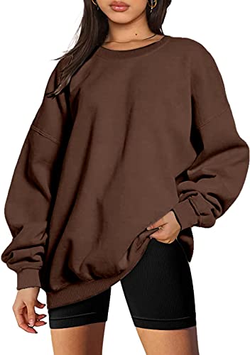 GOLDPKF Winter Sweatshirt Damen Pullover Crewneck Oversize Ragwear Sweatshirt Damen Ohne Kapuze Baumwolle Laufshirt Frauen Kleidung Rippshirt Damen Langarm Oberteile Braun Groß von GOLDPKF