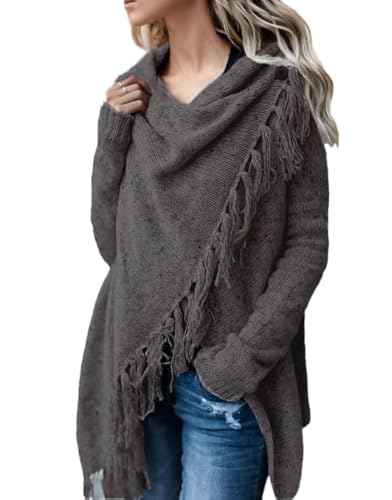 Damen Open Front Strick Quasten Slash Lose Cardigan Rundhalsausschnitt gesprenkelt Fransen Pullover Outwear, Kaffee-gemischt, XX-Large von GOLDSTITCH