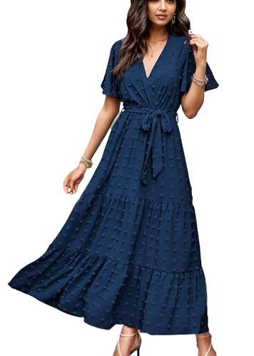 GOLDSTITCH Damen 2025 Sommer Wickelkleid V-Ausschnitt Kurzarm Swiss Dot Boho Rüschen Schlitz Strand Party Flowy Lange Maxikleider, Blau, Groß von GOLDSTITCH