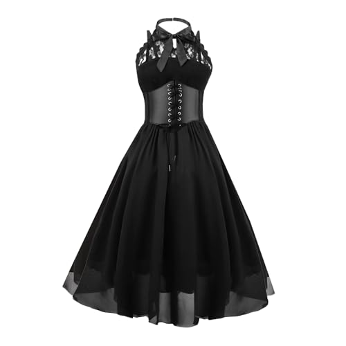 GOLDSTITCH Damen Ärmelloses Gothic Spitzenkleid mit Korsett Halfter Spitze Swing Cocktailkleid, Schwarz, Mittel von GOLDSTITCH