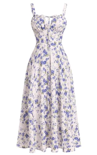 GOLDSTITCH Damen Floral Midi Kleid Boho Flowy Slit Kleider, A-blau, X-Groß von GOLDSTITCH