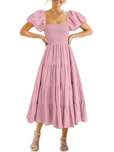 GOLDSTITCH Damen Gesmoktes Maxikleid Quadratischer Ausschnitt Rüschen Saum Puffy Kurzarm Flowy Midi Kleid, Pink, Klein von GOLDSTITCH