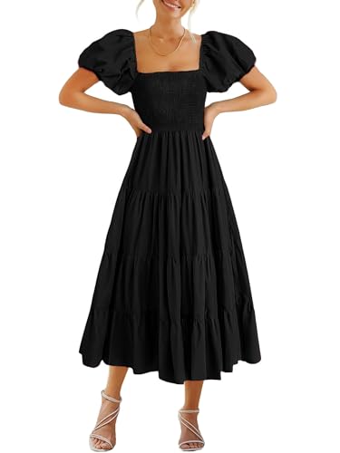 GOLDSTITCH Damen Gesmoktes Maxikleid Quadratischer Ausschnitt Rüschen Saum Puffy Kurzarm Flowy Midi Kleid, Schwarz, X-Groß von GOLDSTITCH