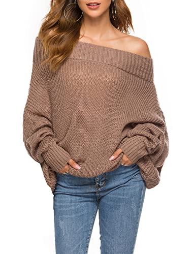 GOLDSTITCH Damen Schulterfrei Fledermausärmel Lose Oversized Pullover Strickpullover, khaki, X-Groß von GOLDSTITCH