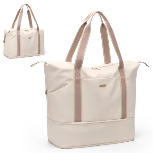 GOLF SUPAGS Groß Sporttasche Damen Reisetasche Handgepäck Wasserdichte Tragbar Reisetasche, Weekender-Tasche mit Erweiterbarem Platz, für Sport Und Reisen (Cremefarben) von GOLF SUPAGS