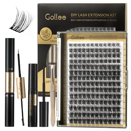 GOLLEE Wimpern Extensions Set Wimpern Cluster DIY Wimpern Extensions Kit Lash Kleber Entferner und Applikatoren für Wimpernverlängerungs-Anfänger C D Curl Weiche Wimpern 8-16MM (0.07 D 8-16MM D04) von GOLLEE