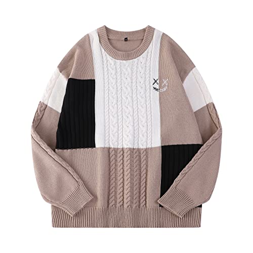 GOLYOY Pullover für Herren Rundhalsausschnitt Techwear Hip Hop Casual Langarm Patchwork Oversized Pullover Streetwear Mode, Khaki, Klein von GOLYOY