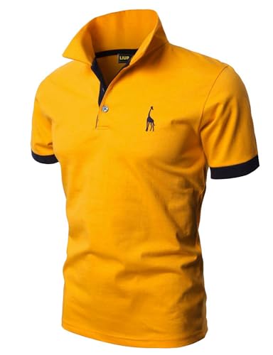 LIUPMWE Poloshirt Herren Kurzarm Baumwolle Einfarbig Basic Golf T-Shirt Giraffe Stickerei Polohemd Sommer,Gelb-07,XXL von LIUPMWE