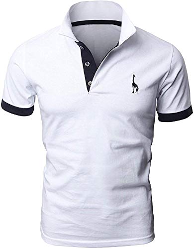 LIUPMWE Poloshirt Herren Kurzarm Baumwolle Einfarbig Basic Golf T-Shirt Giraffe Stickerei Polohemd Sommer,Weiß-07,L von LIUPMWE