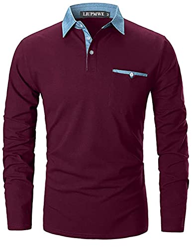 LIUPMWE Poloshirt Herren Langarm Golf T-Shirt Einfarbig Slim Fit Denim Polo Shirts Baumwolle Polohemd,Rot,M von LIUPMWE