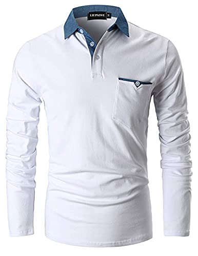 LIUPMWE Poloshirt Herren Langarm Golf T-Shirt Einfarbig Slim Fit Denim Polo Shirts Baumwolle Polohemd,Weiß,XXL von LIUPMWE