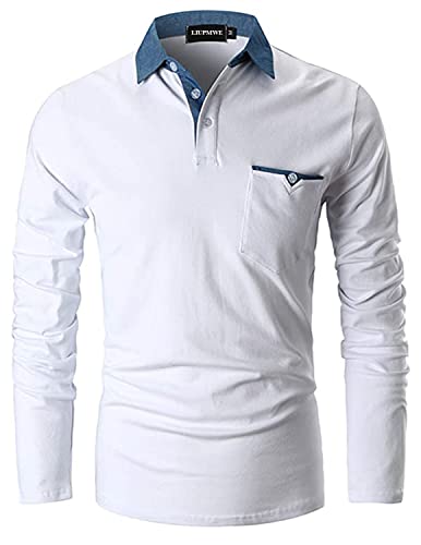 LIUPMWE Poloshirt Herren Langarm Golf T-Shirt Einfarbig Slim Fit Denim Polo Shirts Baumwolle Polohemd,Weiß,L von LIUPMWE