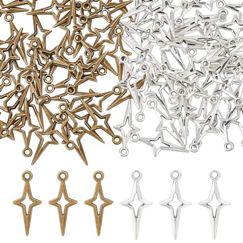 GOMAKERER 100 Stück 2 Farben Legierungs-Sternanhänger, Gemischte Farben Metall Anhänger Tibetischer Stil Vintage Stern Charms Antik Bronze Charm Für Armband Halskette DIY Schmuckherstellung von GOMAKERER