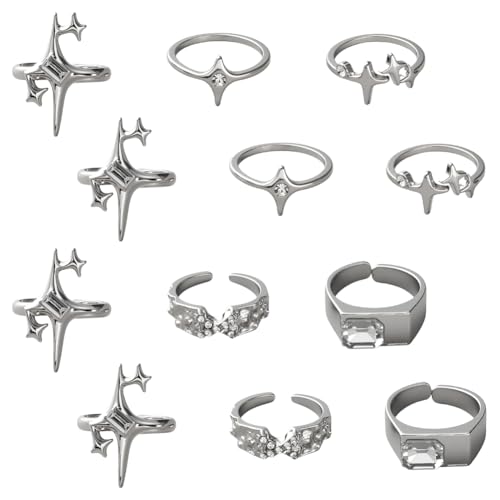 GOMAKERER 12 Stück 6 Stile Vintage Silberringe Manschettenringe Aus Legierung Mit Stern Strass Stapelbarer Fingerring Klobiger Unregelmäßiger Verstellbarer Fingerring Für Frauen Schmuck Boho Geschenk von GOMAKERER