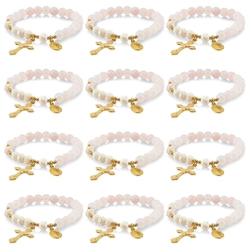 GOMAKERER 12 Stück Rosenkranz-Armband, Rosenquarz-Rosenkranz-Armband, Synthetisches Türkisfarbenes Perlen-Stretch-Armband, Kreuzperlen-Armband Für Frauen, Glaube, Gebet, Handgefertigter Schmuck von GOMAKERER