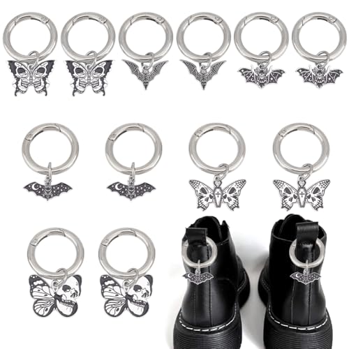 GOMAKERER 12 Stück Schuhanhänger Mit Totenkopf Schmetterling Fledermaus Und O Ringen, 6 Stil Schuhdekoration Tibetischen Emaille Legierung Schuhanhänger Für Taschen Geldbörsen Halloween Dekoration von GOMAKERER