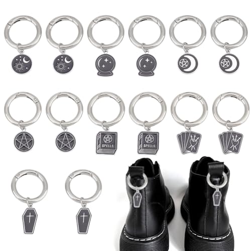 GOMAKERER 14 Stück Stiefel Schuh Anhänger Mit Wahrsagerei Motiv Und Feder O Ringen Tarot Sarg Pentagramm Schnalle Schuhanhänger Accessoire Emaille Legierung Schuhanhänger Für Stiefel Tasche Geldbörse von GOMAKERER