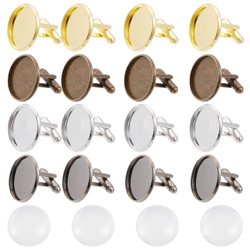 GOMAKERER 16 Stück Leere Messing-Manschettenknöpfe In 4 Farben Und 16 Stück Runde Glas-Cabochons, Manschettenknöpfe-Set Zur Herstellung von Manschettenknöpfen, Elegantes Geschenk Für Selbermachen von GOMAKERER